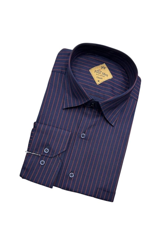 Classic Wide Cut Striped Long Sleeve Cotton Men's Shirt
