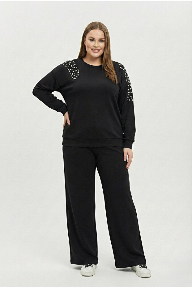 Women's Plus Size Long Sleeve Stone Embroidered Modal Tracksuit Set 8250-26