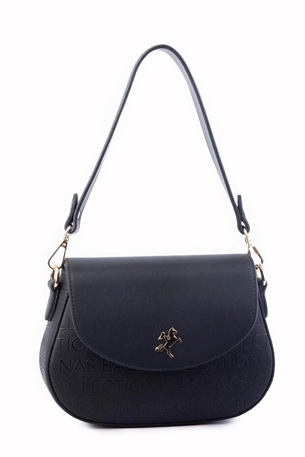 Women's Shoulder and Crossbody Bag with Double Straps - Black Embossed