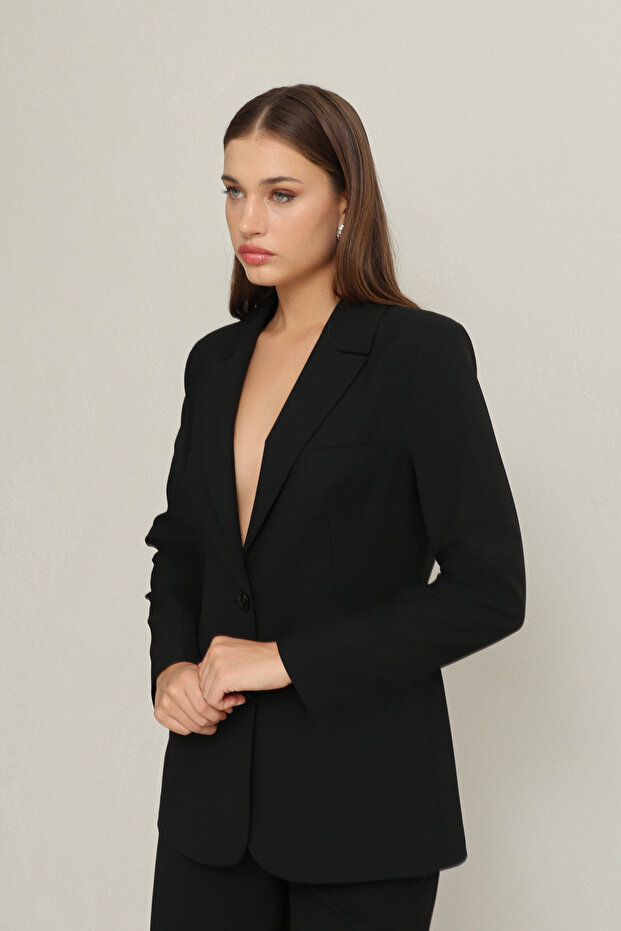 Siyah Cep Ve Düğme Detaylı Basic Ceket - 3