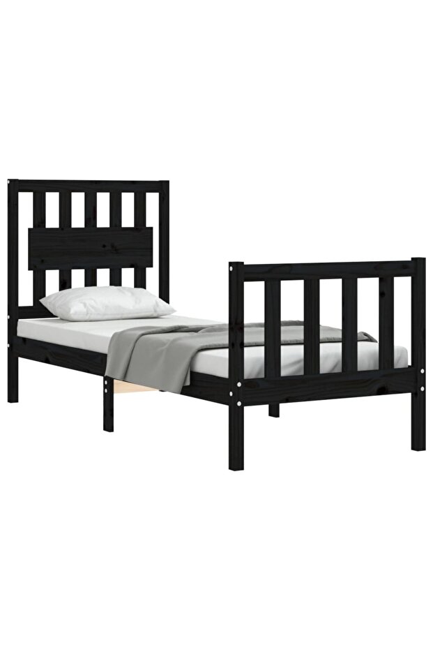 2FT6 Small Single Bed Frame with Headboard, Black, Solid Wood - 3