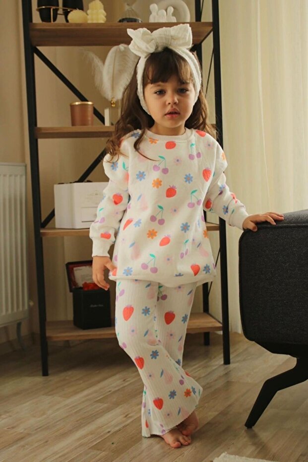 Girl's Cream Strawberry Patterned Ribbed Tracksuit Set - Floral Figured Top and Bottom Set