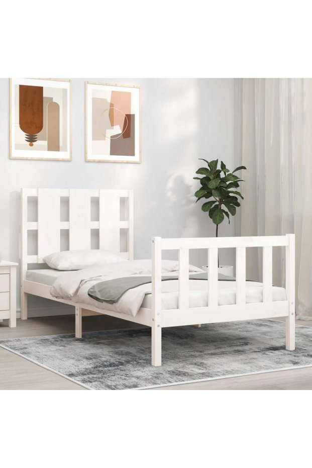 Bed frame with headboard, white, 90x190 cm, solid wood