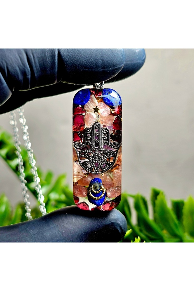 Hamsa - Hand of Fatima - Rhodochrosite Steel Chain Orgonite Necklace - (Handmade Design Products)