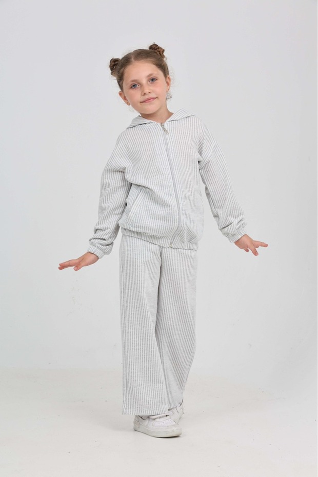 Girl's 2-Piece Set Striped Hooded Zippered Pocket Sweatshirt & Elastic Waist Wide Leg Pants