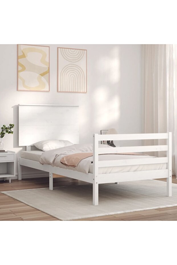 Bed frame with headboard 3FT, single, white, solid wood - 1