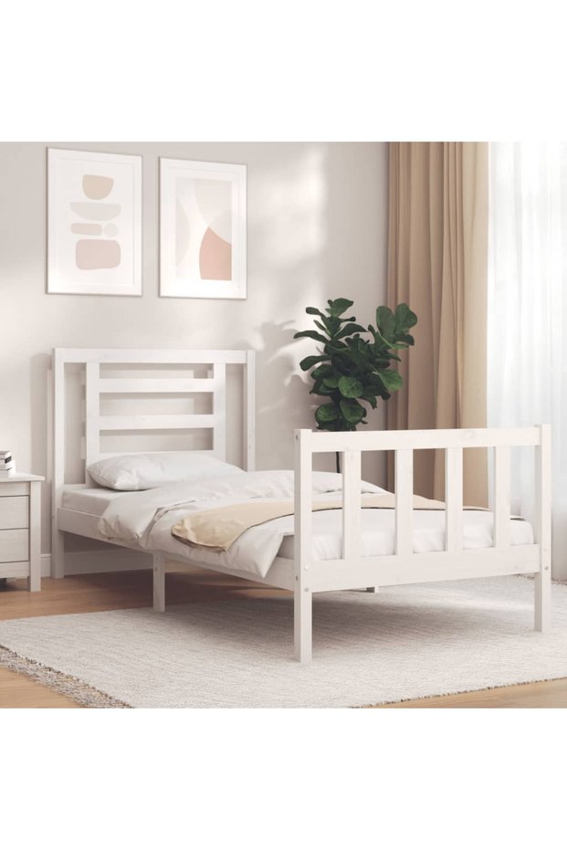 Bed frame with headboard 3FT, single, white, solid wood
