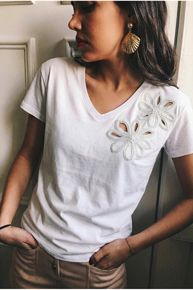 White V-Neck Beaded Embroidered 100% Cotton T-Shirt