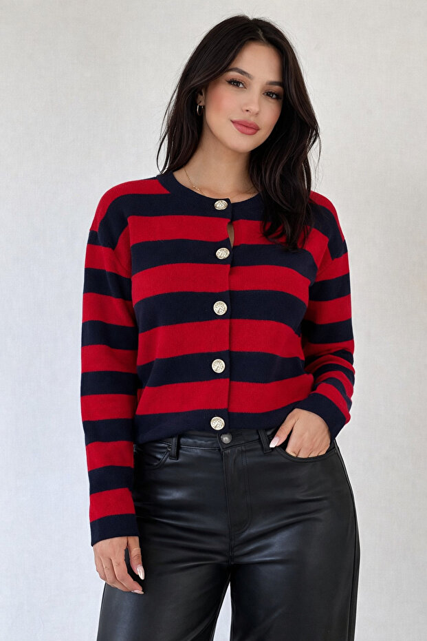 Women's Striped Buttoned Quality Knitwear Cardigan