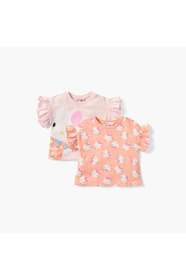 Hello Kitty Print T-shirt with Ruffle Sleeves - Set of 2