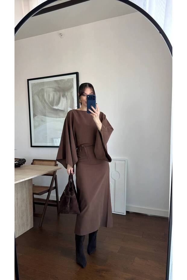women's batwing sleeve midi length slit modern and stylish dress with belt and back tie-detail