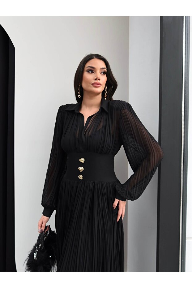 V Yaka Piliseli Maxi Elbise - 4