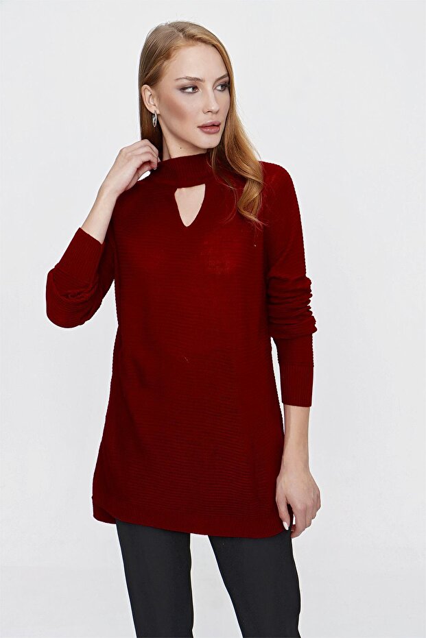 Women's Burgundy Knit Sweater with Front Window Design