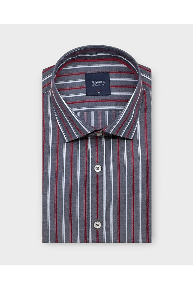 Men's Slim Fit Long Sleeve Brit Collar Pocketless Striped Multicolor Shirt 2442Gr