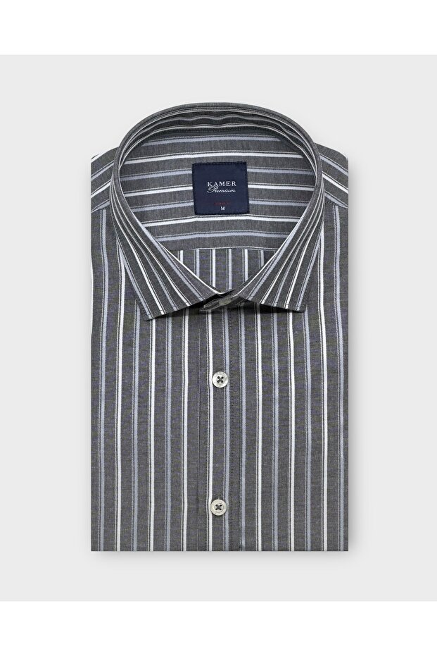 Men's Slim Fit Long Sleeve Brit Collar Pocketless Striped Gray Shirt 2442g