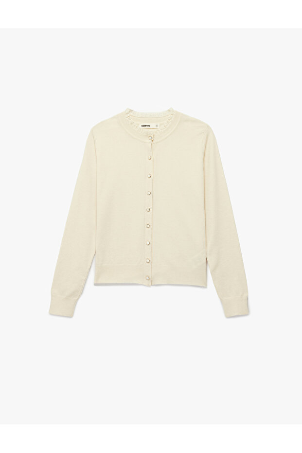 Long Sleeve Lace Detailed Crew Neck Buttoned Knitwear Cardigan