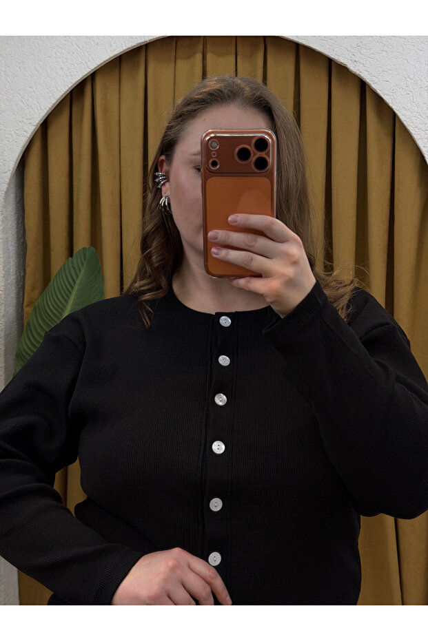 Düğmeli Basic Triko Hırka - Siyah - 3