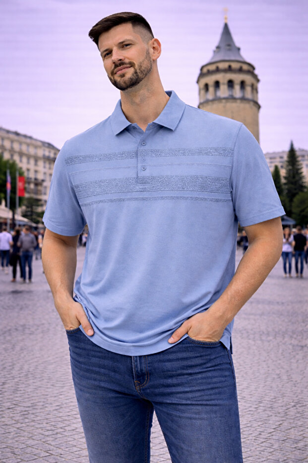 Men's Large Size Short Sleeve Blue Polo Printed T-Shirt