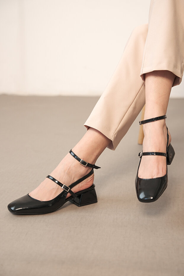 Women's Black Patent Leather Open Back Square Toe Double Strap Short Heeled Shoes (4cm)