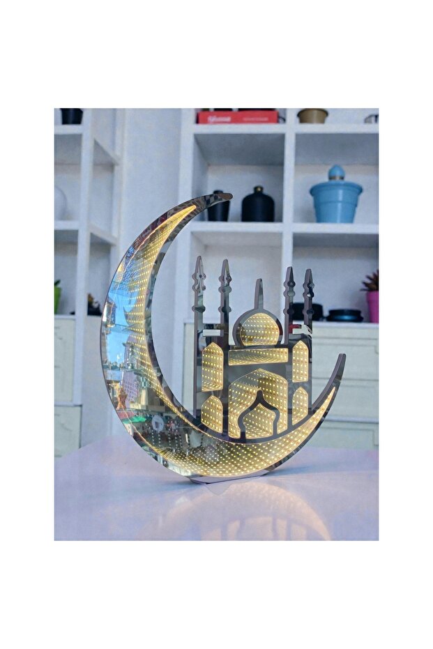 مجسم هلال رمضان المضيء بتصميم مسجد ثلاثي الأبعاد – إضاءة LED دافئة