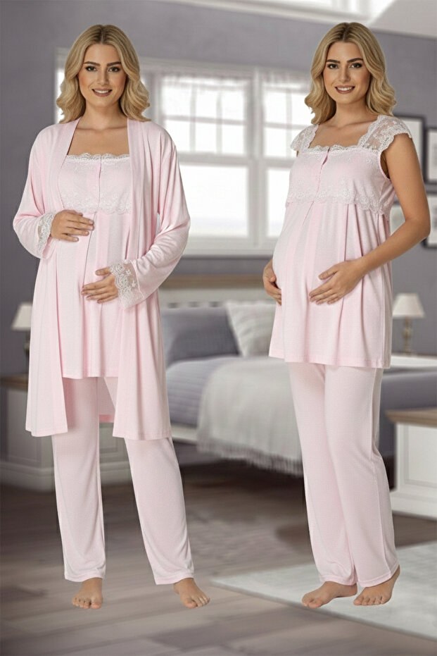 Lace Dressing Gown Cotton Maternity Pajama Set