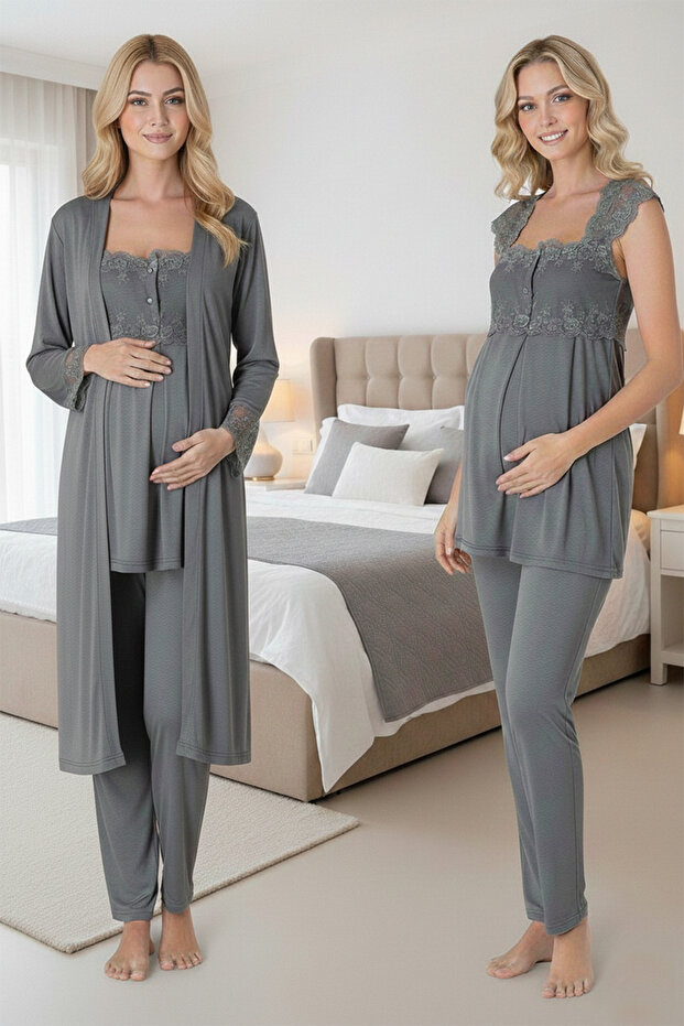 Lace Dressing Gown Cotton Maternity Pajama Set