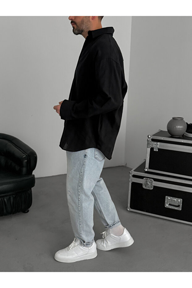 Siyah Örgü Çizgili Oversize Gömlek JJ-242 - 7