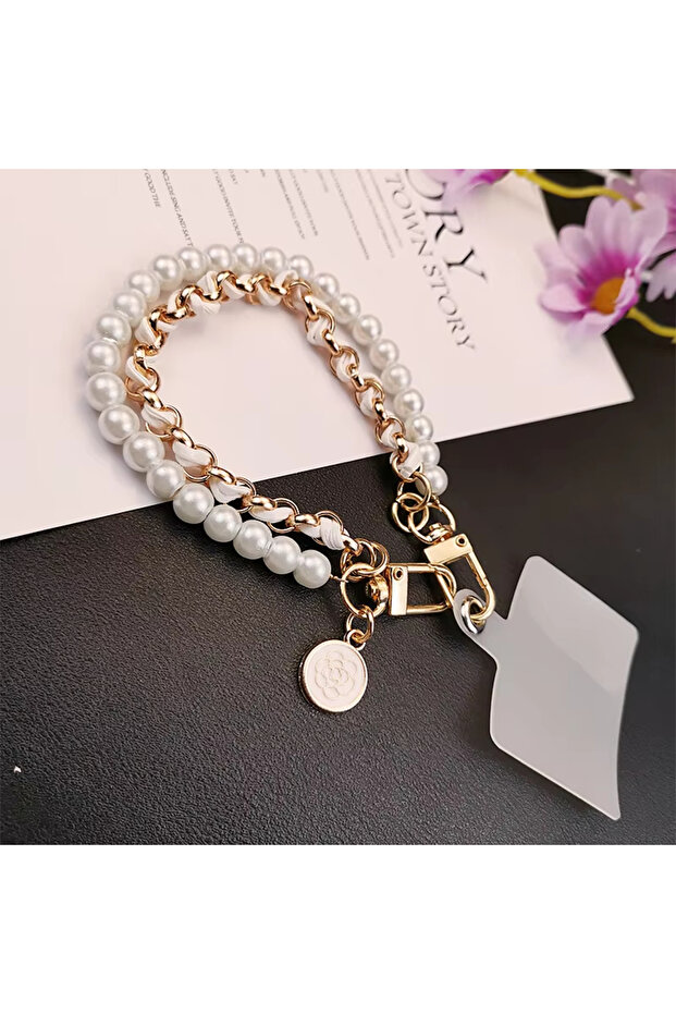White Mobile Phone Lanyard Leather Pearl Camellia Mobile Phone Charm Short Wristband Strap Handmade