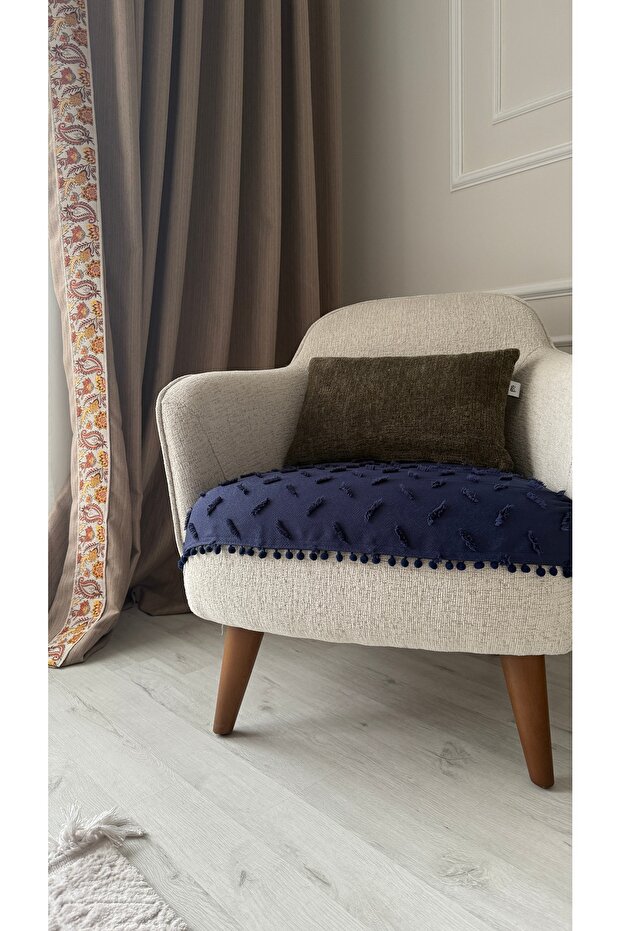 Bohem Striped Pompom Navy Blue Armchair Sofa Bed Cover
