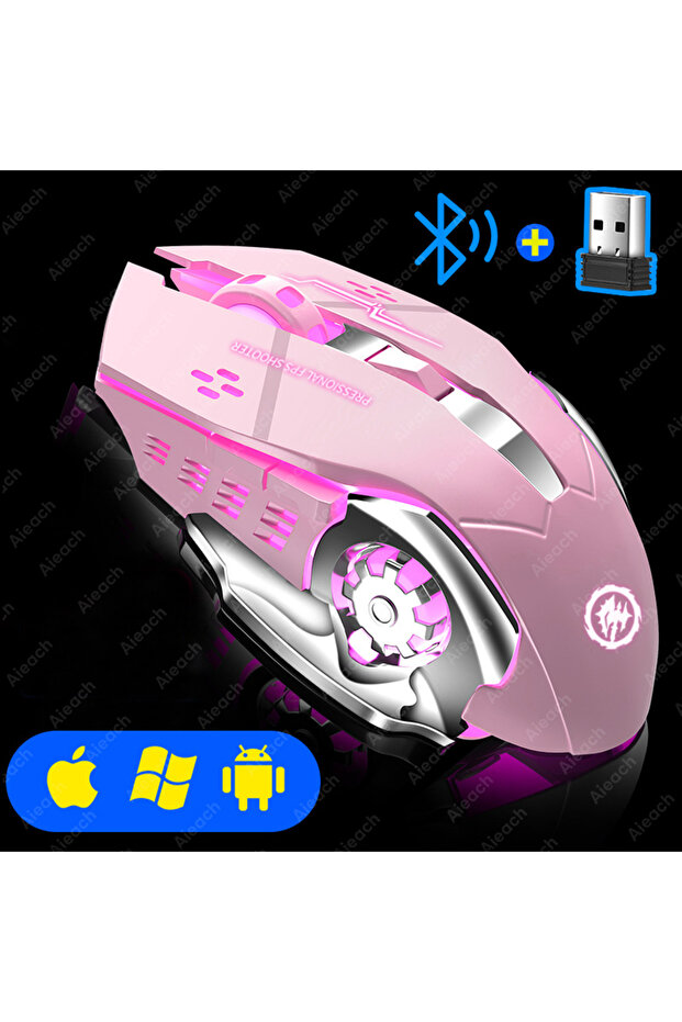 فأرة ألعاب لاسلكية وردية بتقنية البلوتوث 2.4 جيجا هرتز قابلة لإعادة الشحن عبر USB بتصميم مريح وميكانيكي مع إضاءة خلفية