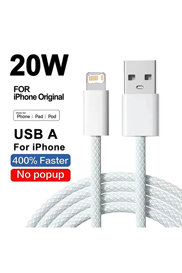 كابل USB سريع الشحن مجدول باللون الرمادي بطول 2 متر وقوة 20 واط لهواتف آيفون X وXR وXS و6 و6S و7 و8 بلس و11 و12 ميني و13 و14 برو ماكس