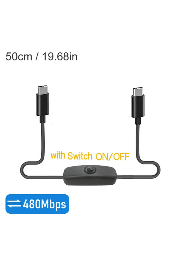 كابل بيانات USB-C إلى USB-C بطول 50 سم مزود بمفتاح تشغيل/إيقاف، يدعم الشحن السريع 60 واط، 20 فولت، 3 أمبير.