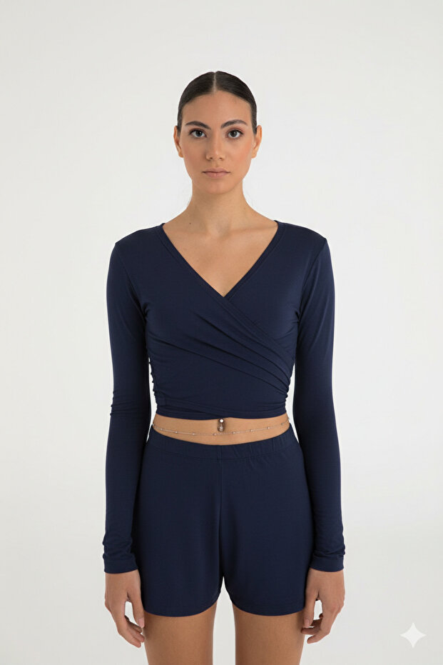 Ultra Soft Blouse with Tie Detail in Navy Blue