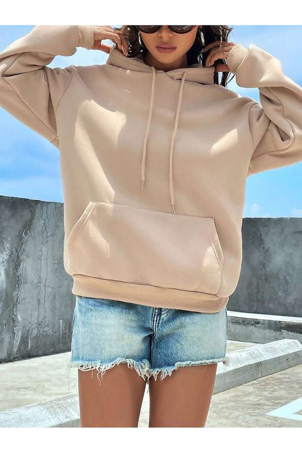 3 Yarn 100% Cotton Hooded Women's Sweatshirt Oversize Fit