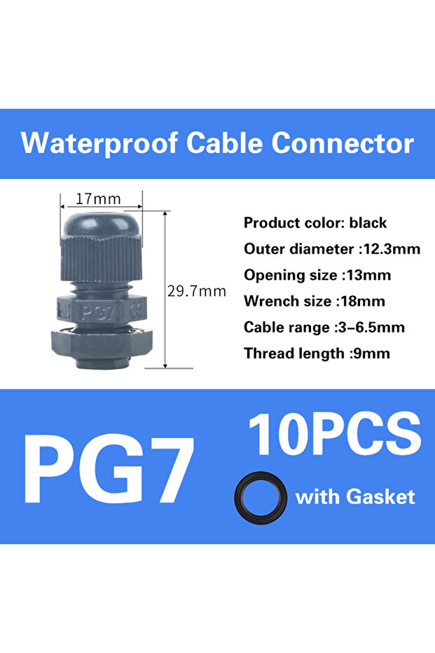 PG7-أسود، سلسلة PG، غدة كابل مقاومة للماء، مدخل كابل IP68، موصل بلاستيكي من النايلون الأبيض والأسود PG7/