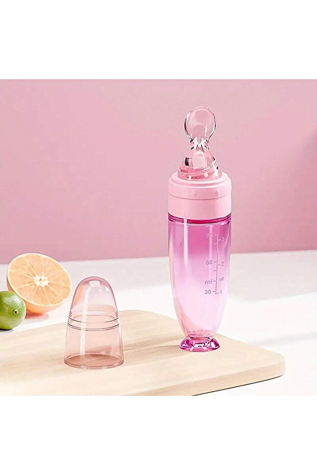 Pink New 90ml/3OZ Colorful Silicone Baby Bottle Feeder with Soft Spoon, Suction Cup and Dust Cap, Po