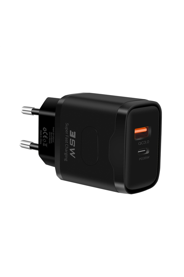 شاحن USB سريع الشحن بقوة 35 واط، أسود اللون، يدعم تقنية الشحن السريع PD، متوافق مع هواتف iPhone 15 وSamsung.