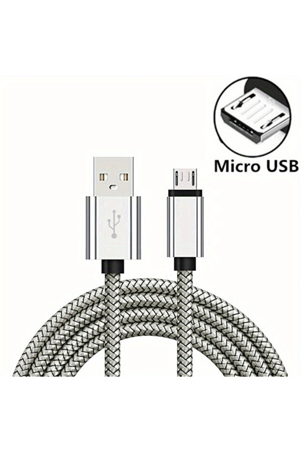 كابل شحن سريع 2 أمبير، أبيض اللون، بطول 2 متر، مكون من 3 قطع، مزود بمنفذ Micro USB، لنقل البيانات، وشحن سريع، ومغلف بطبقة من النايلون المضفر، متوفر بمقاسات 1/3/5 قطع.