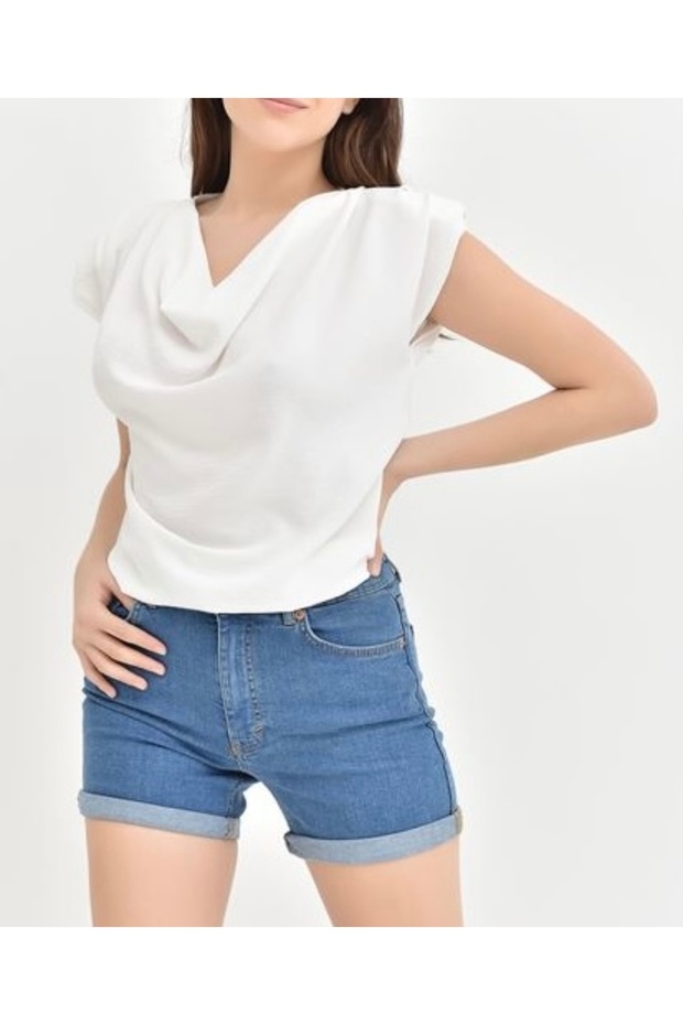 Women's White Degaje Collar Padded Bluz