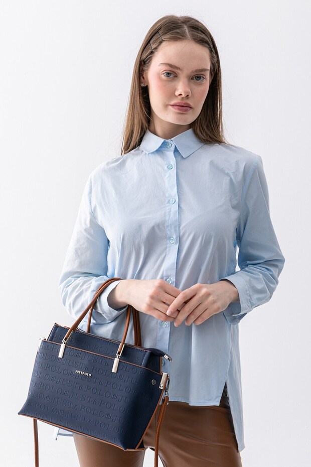 Pera Adjustable Strap, Embossed Lettering, Large Volume Women's Navy Blue Hand and Shoulder Bag Pbu5404