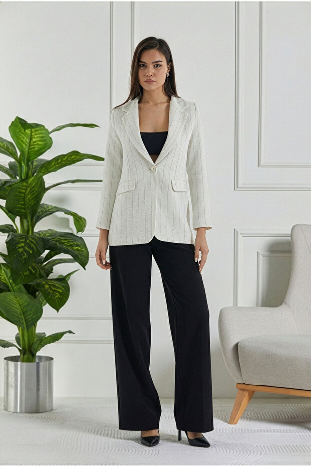 Blue Striped Mono Collar Tweed Jacket