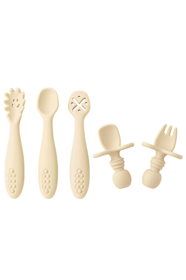 12-beach-sand Color Kids 5PCS Cute Baby Learning Spoon Set Toddler Feeding Utensils Silicone Teether