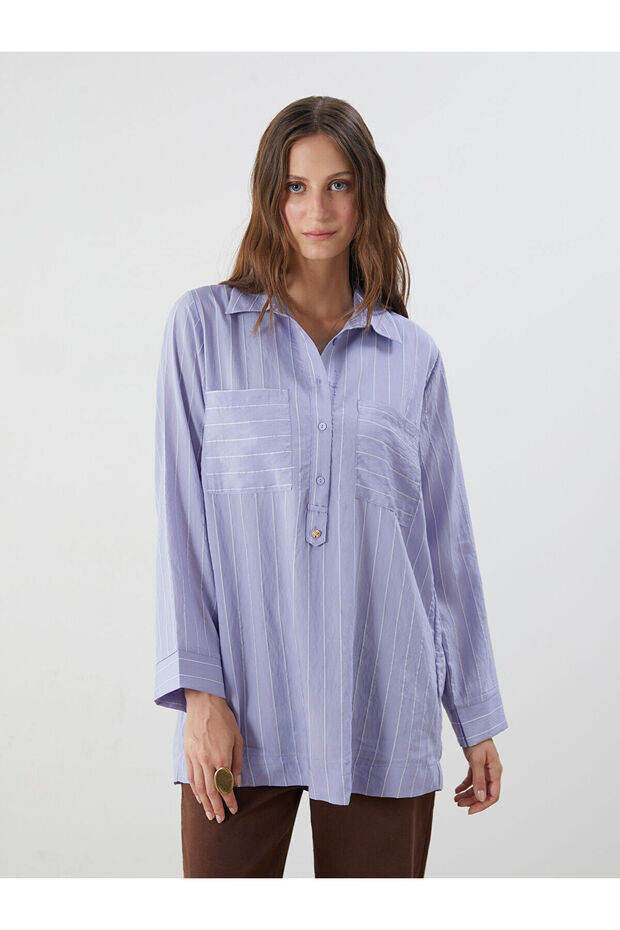 Purple Shirt Collar Striped Women's Tunic