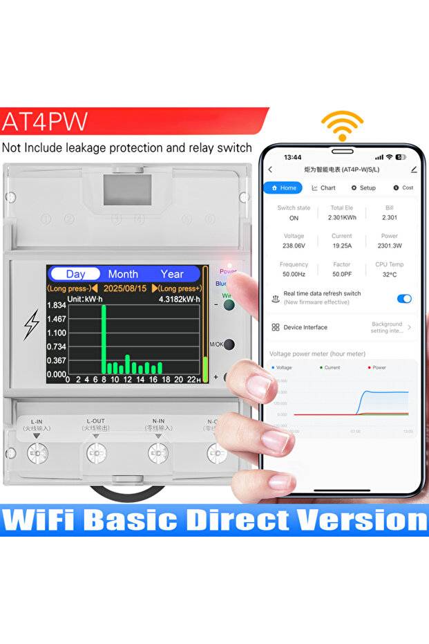 AT4PW AC85-265V 100A Tuya WIFI Din Rail Smart Switch Remote Control Digital Power Energy Volt Amp Kw