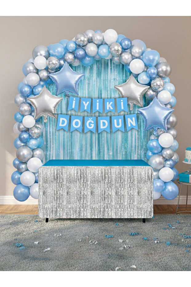 Blue Silver Birthday Concept Set 40-Piece Balloon Arch Star Foil Balloon Background Curtain Banner Party Set
