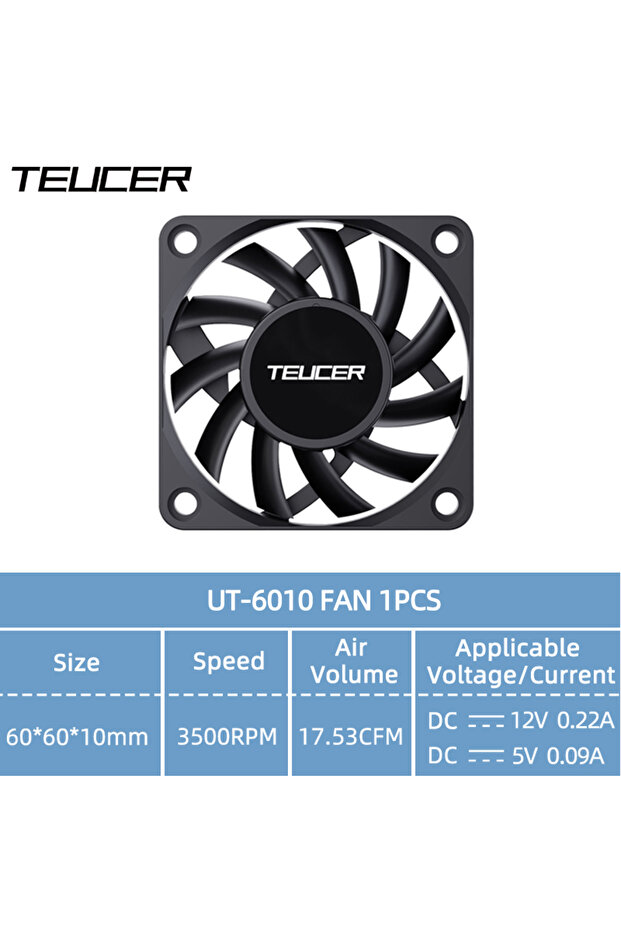 مروحة يحافظ على البرودة هيكل الكمبيوتر TEUCER UT-6010 سوداء اللون بدون إضاءة RGB، قطعة واحدة، مقاس 6 سم، صغيرة الحجم، 12 فولت، مناسبة لوحدة المعالجة المركزية (CPU) في أجهزة الكمبيوتر المكتبية.