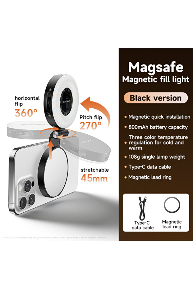 مصباح سيلفي LED أسود اللون، متوافق مع هواتف Magsafe، سطوع قابل للتعديل، متوافق مع الهواتف الذكية Magsafe
