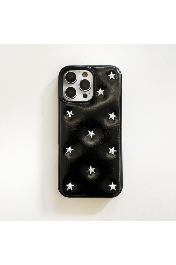 iPhone17 Pro Max Artificial leather black Simple Leather Full Screen Stereoscopic Silver Stars Shock
