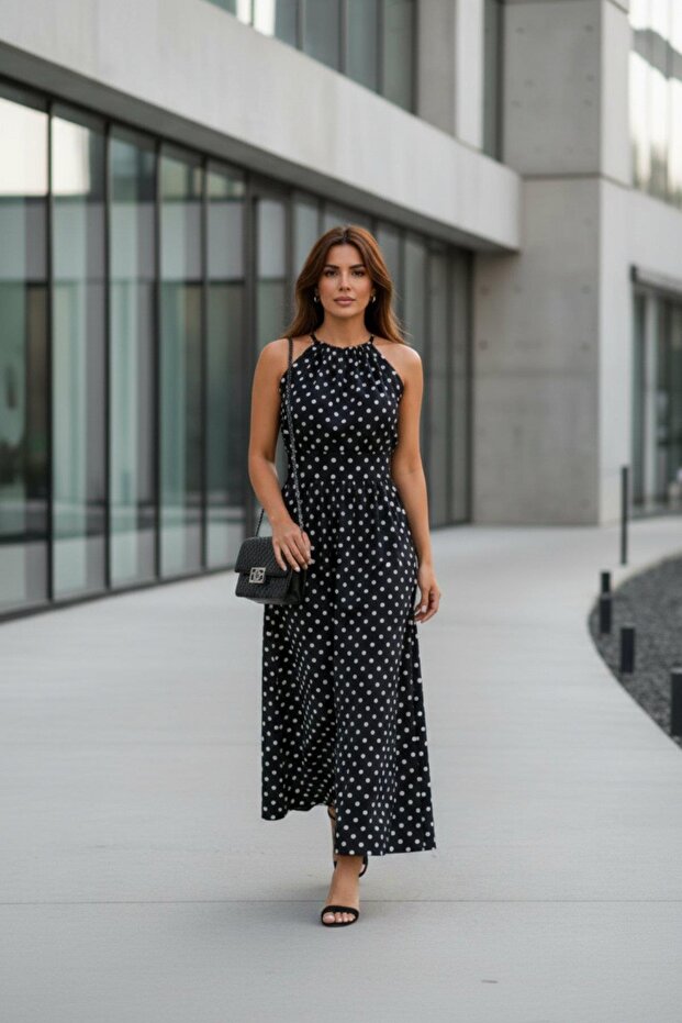 Halter Yaka Puantiyeli Maxi Boy Örme Krep Elbise - 3