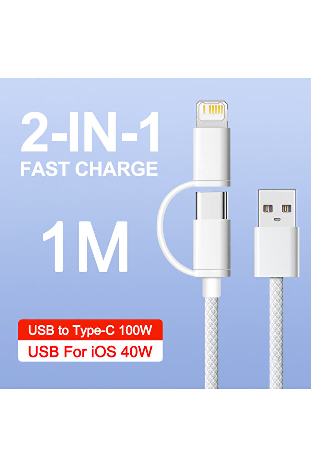 1m USB to 2in1 100W Weaving Fast Charging USB Cable For iPhone 14 13 12 11 17 Air 15 16 Pro Max Plu